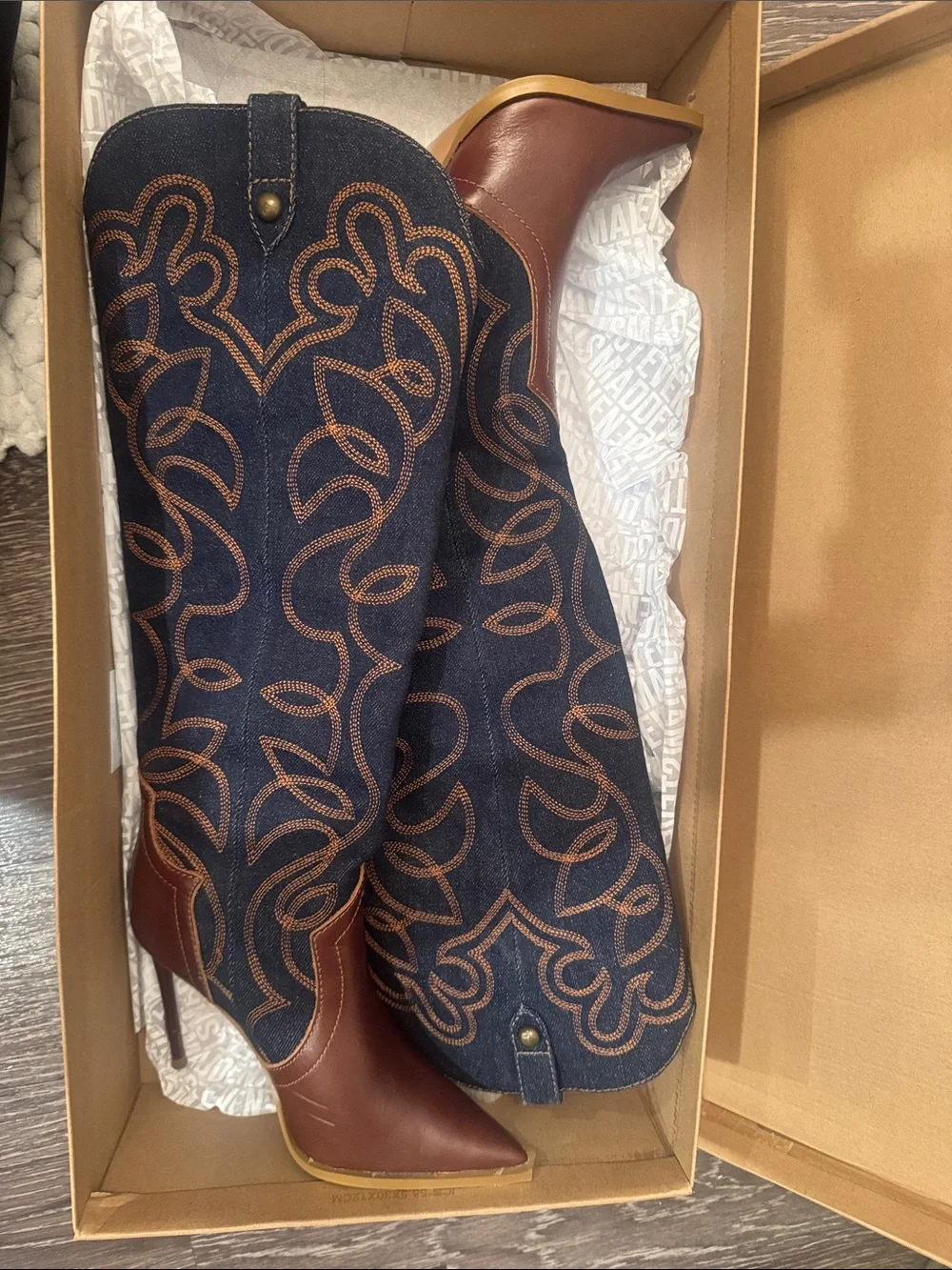 Steve Madden Brown Leather & Navy Embroidered Over-the-Knee Boots